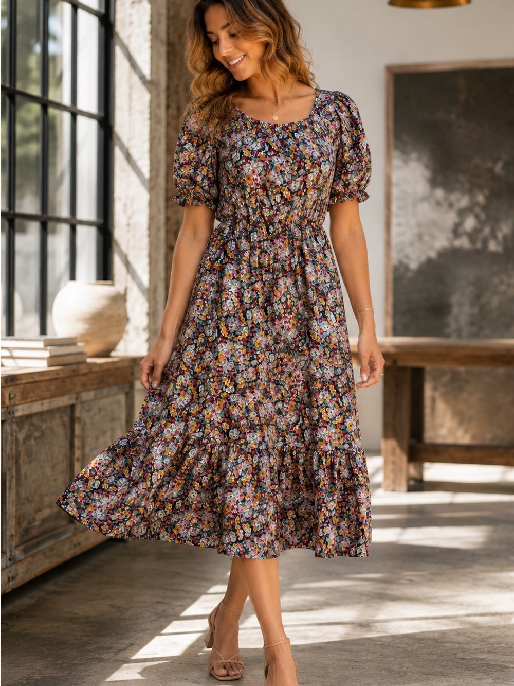 Shop Stevie Womens Floral Puff Sleeve Tiered Ruffle Midi Dress Multicolor Size M